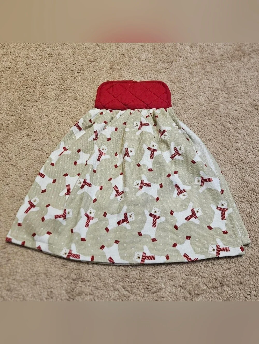 1 Handcrafted Potholder Attached To A Towel | Red + Tan | Polar Bears | Winter